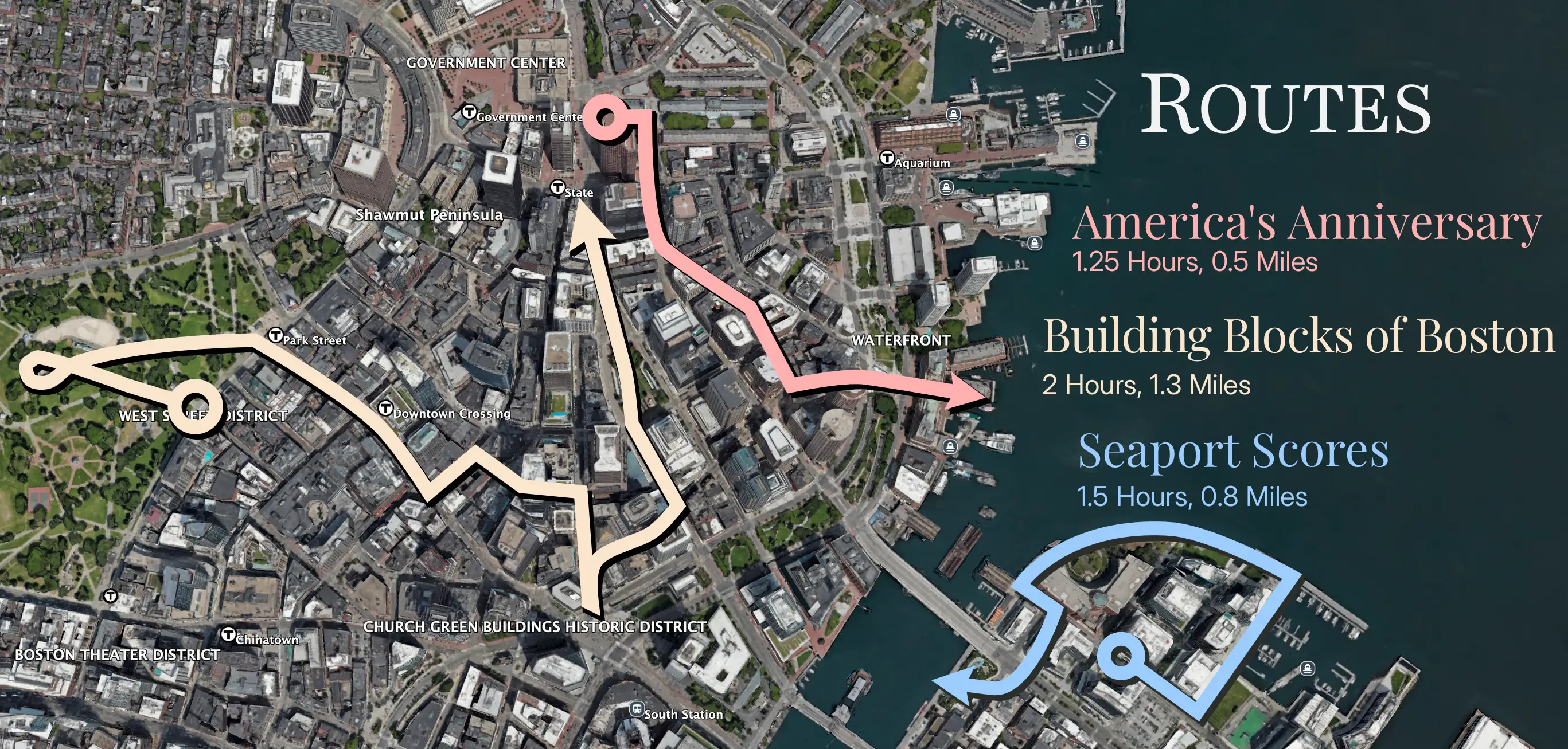 Map of Boston showing all three Beaming walking tour routes: America's Anniversary, Building Blocks of Boston, and Seaport Scores